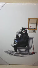 Load and play video in Gallery viewer, Black and White Banksy DJ Thinking Monkey Sitting on Toilet Seat Canvas
