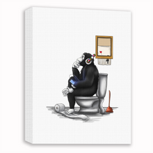 Load image into Gallery viewer, Black and White Banksy DJ Thinking Monkey Sitting on Toilet Seat Canvas
